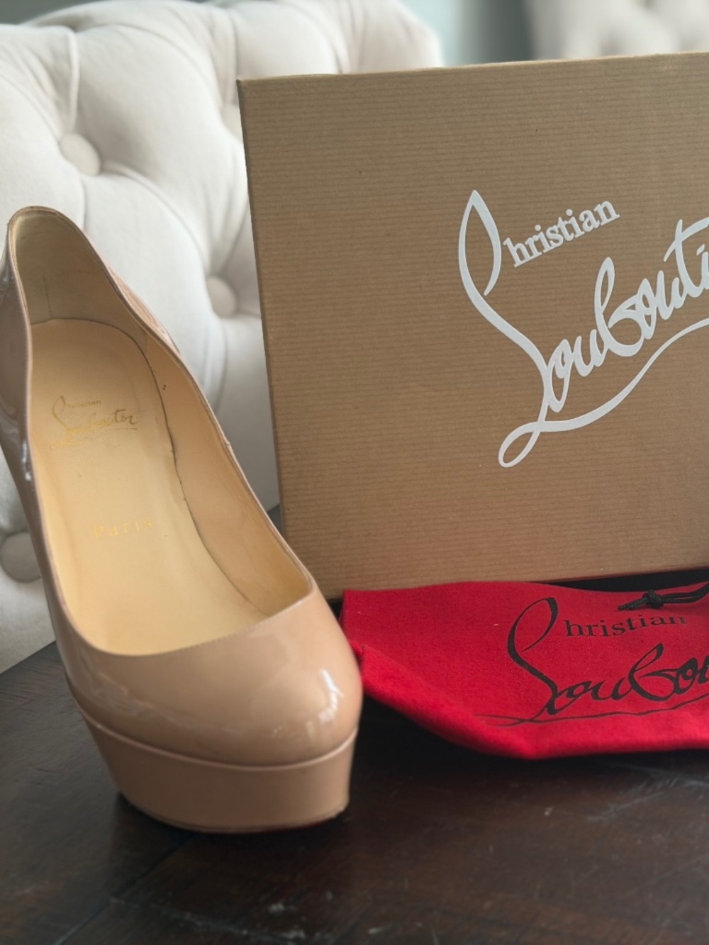 Christian Louboutin Bianca 120 Nude Patent Platform Pumps Size 39 8.5